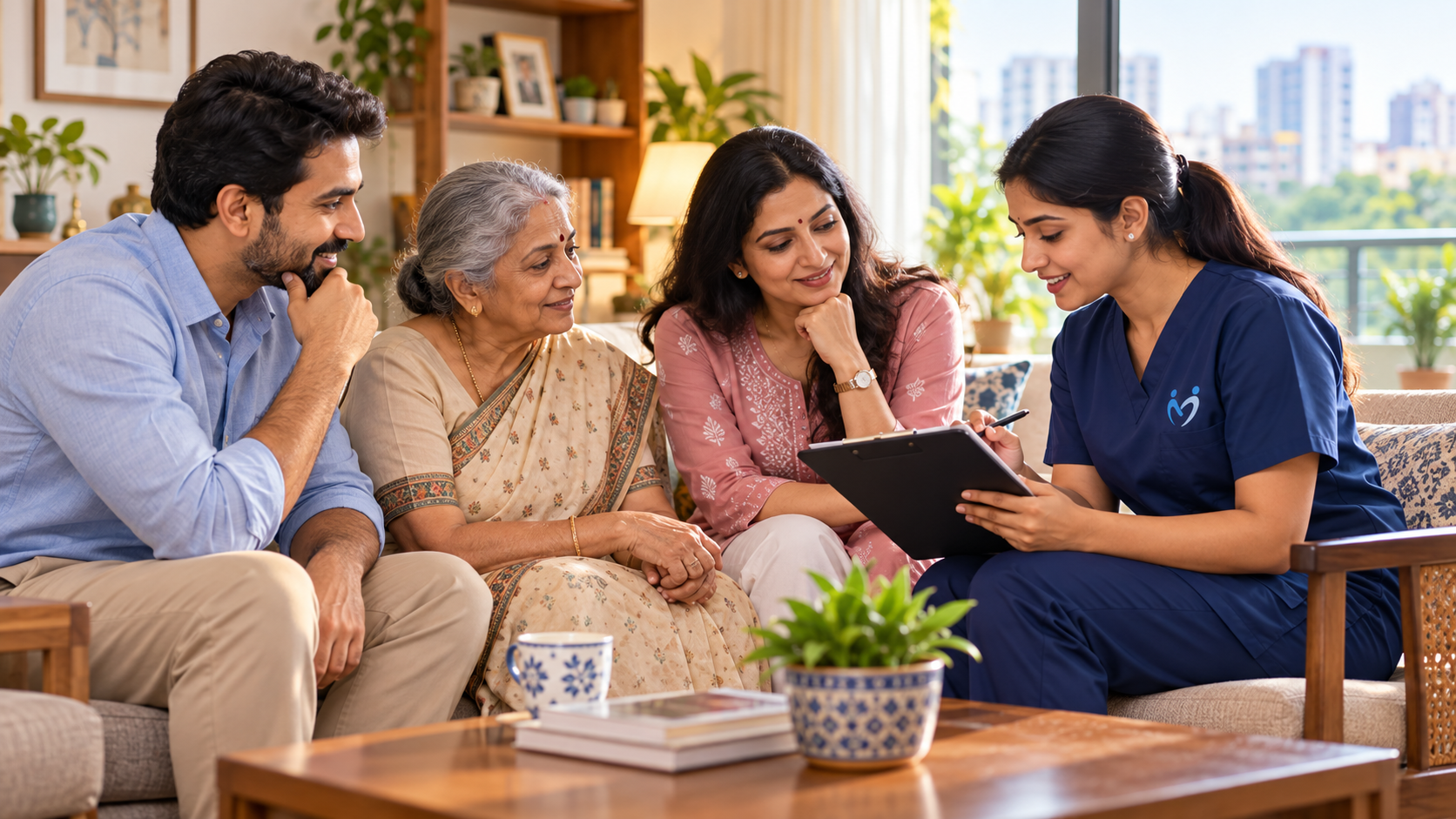 Indian family discussing an elderly parent's care needs with a professional home care coordinator in Bengaluru