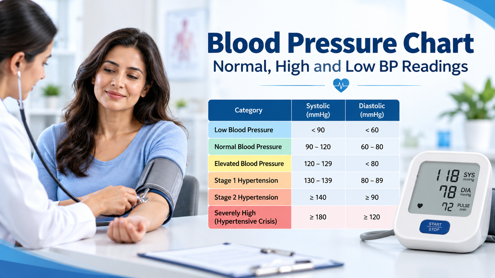 Digital blood pressure monitor beside a chart showing normal, high and low blood pressure ranges