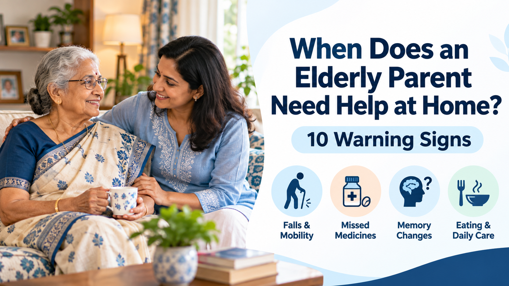 Adult daughter talking with her elderly parent at home while discussing additional caregiving support