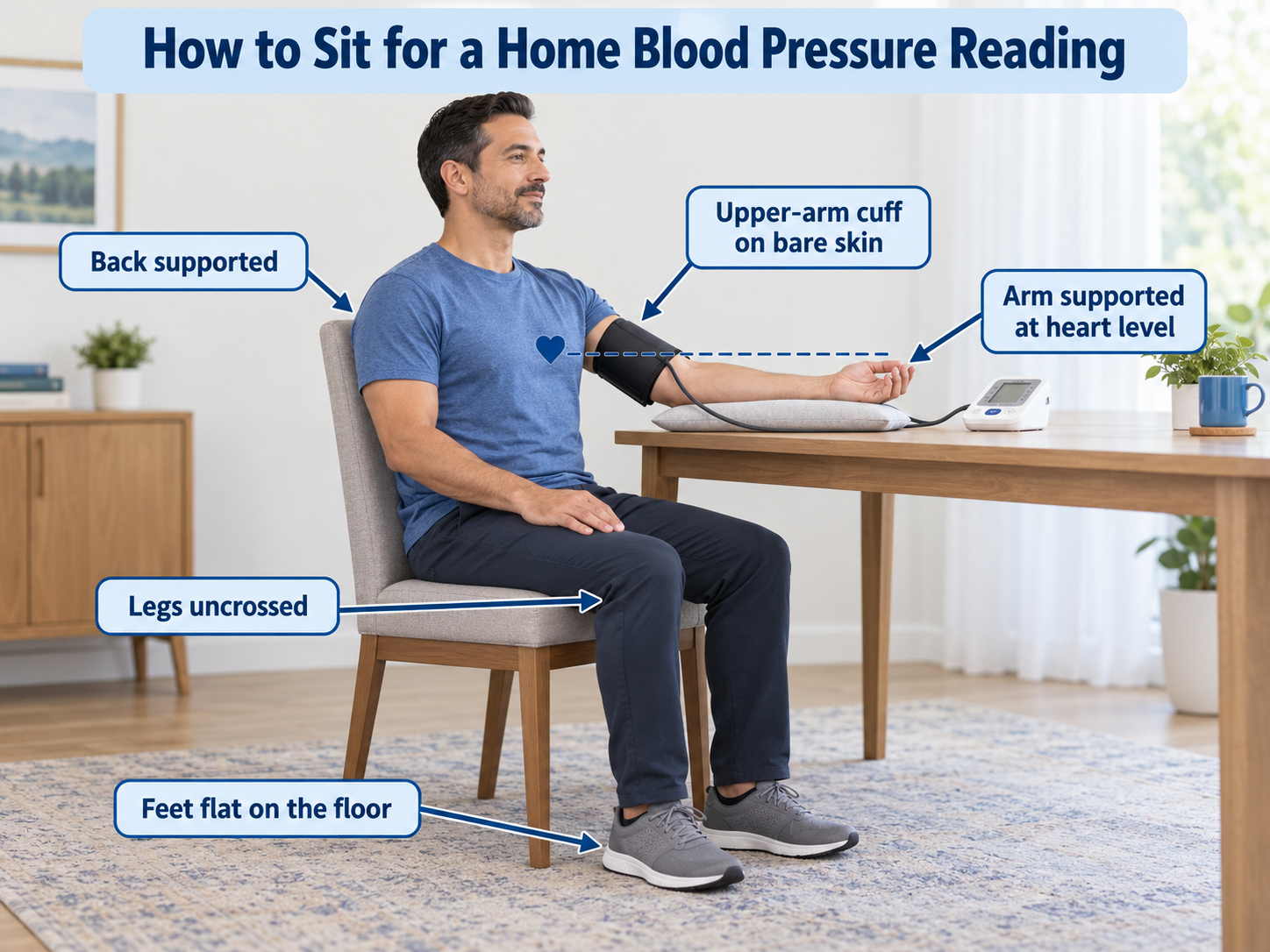 Person seated correctly for a home blood pressure reading with back supported, feet flat, legs uncrossed, cuff on bare upper arm, and arm supported at heart level.