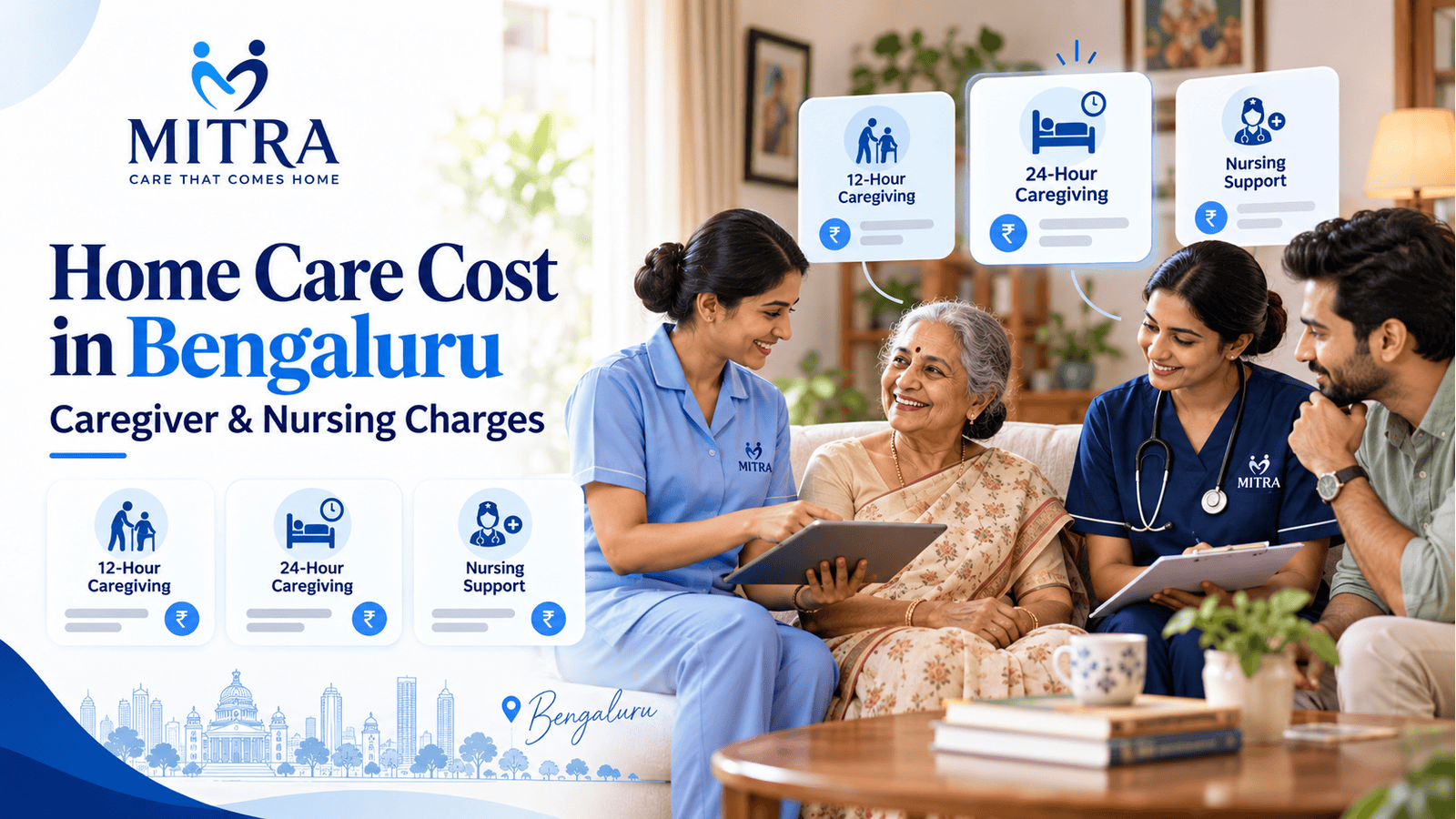 Indian family comparing caregiver and home nursing costs for an elderly parent in Bengaluru