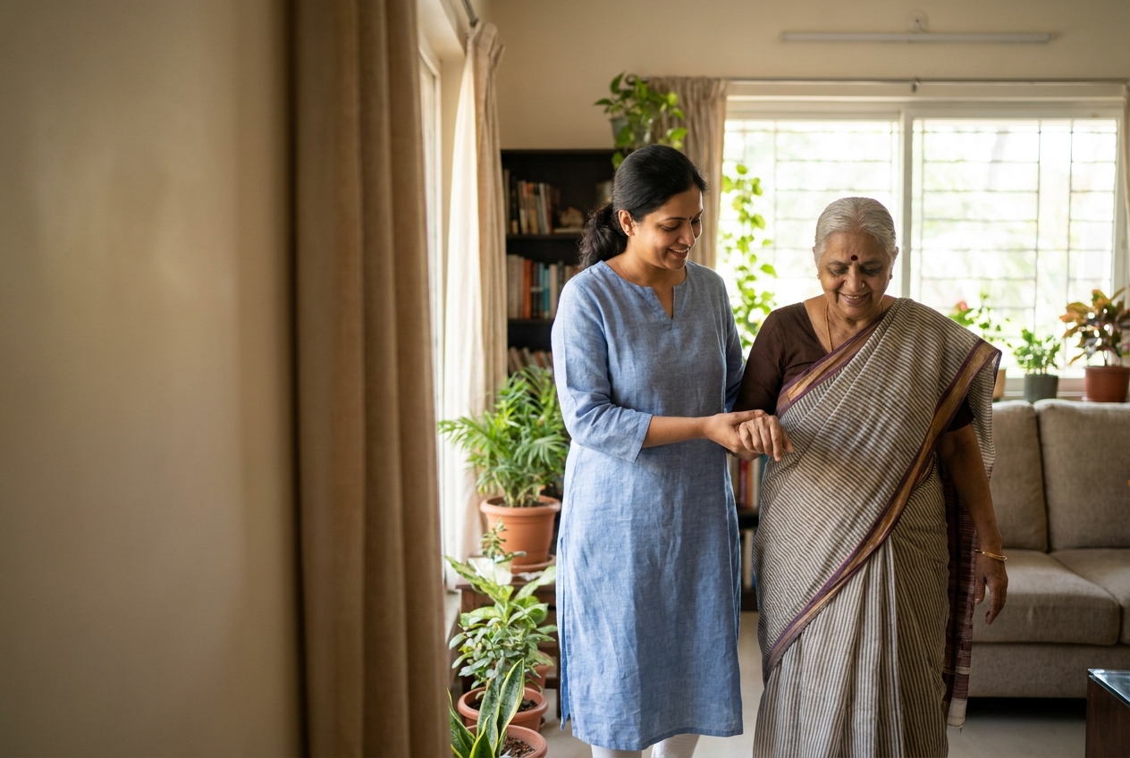 A MITRA caregiver helping an elderly woman walk at home