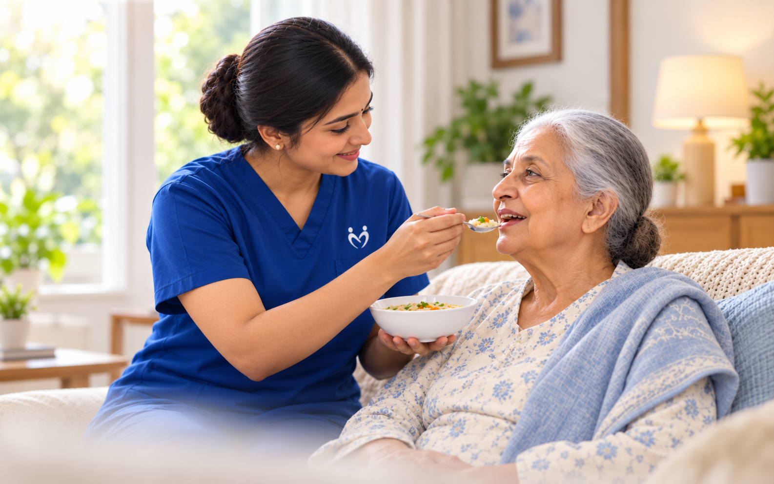 MITRA caregiver providing 24-hour home support to an elderly man in Bengaluru