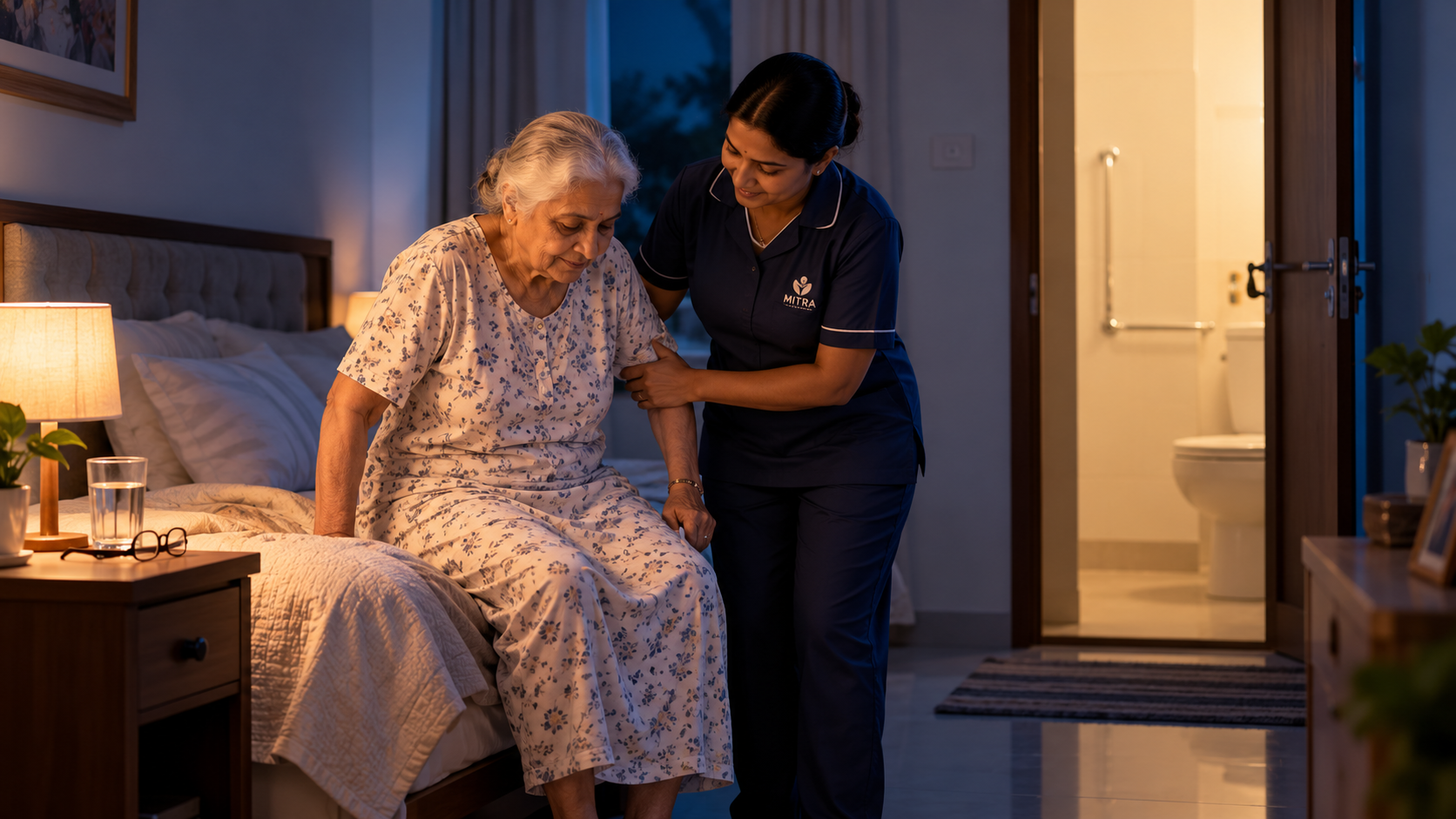 Mitra Caregiver helping an elderly parent safely during the night at home