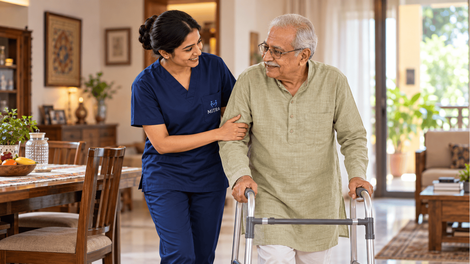 MITRA caregiver assisting an elderly woman with daily activities safely at home