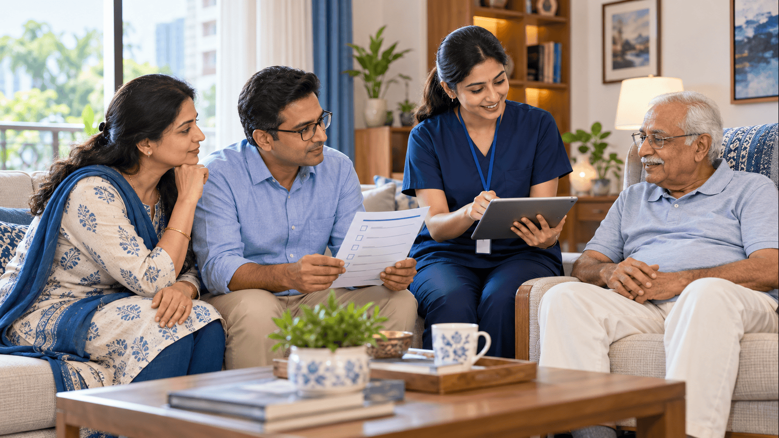 Indian family reviewing a home caregiver profile and care requirements for an elderly parent in Bengaluru