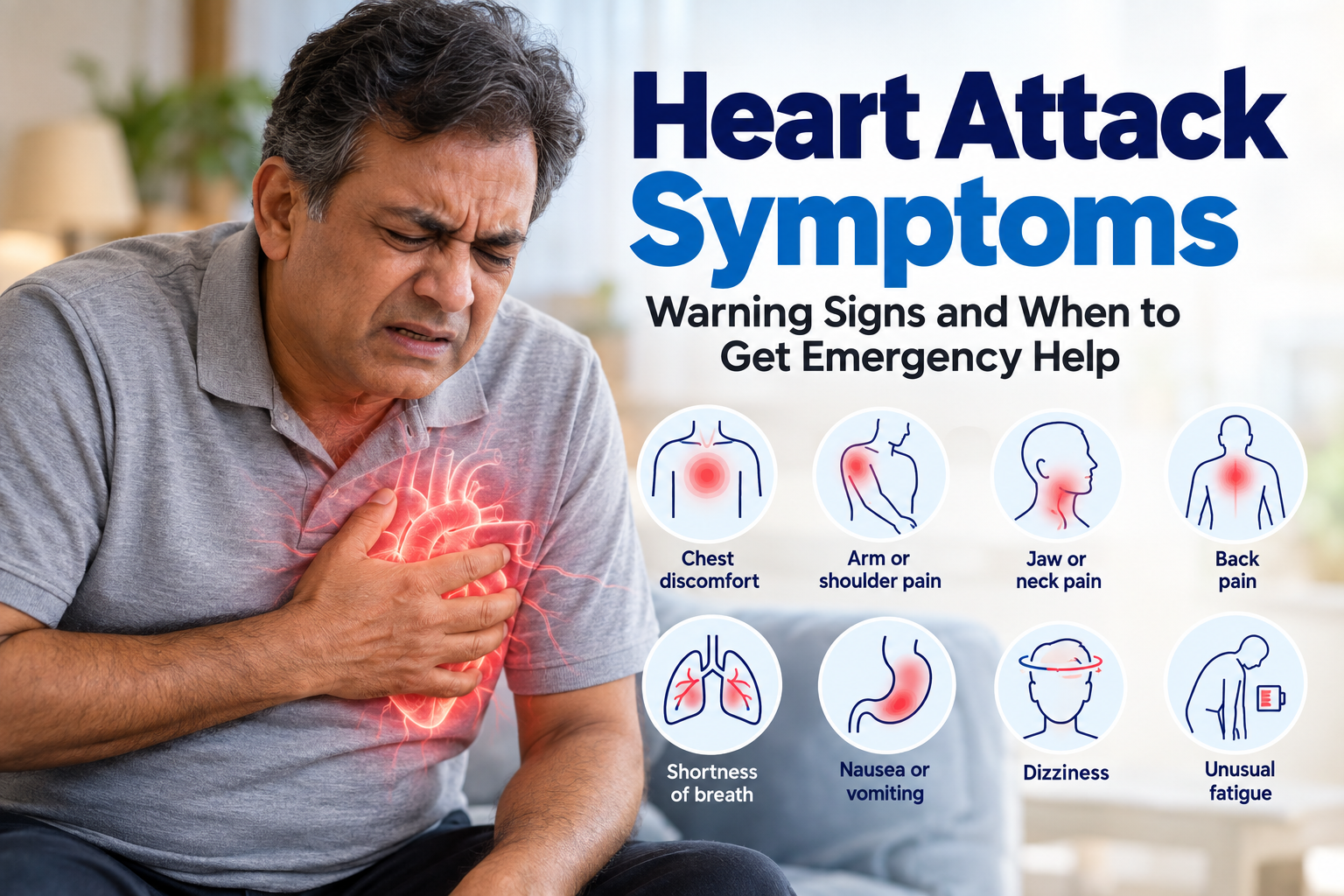 Person experiencing chest discomfort with illustrated heart attack warning signs around the chest and upper body